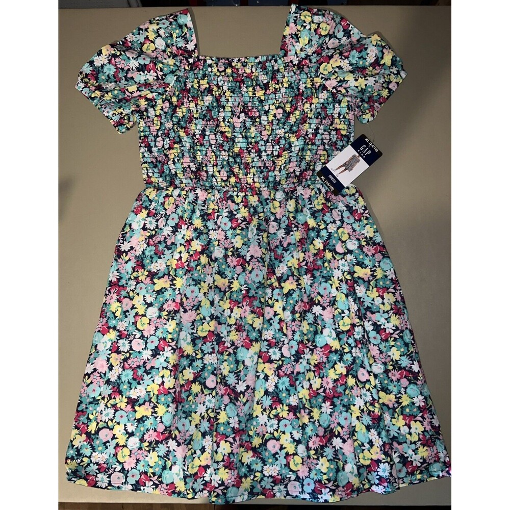 GAP Girls Floral Smocked Casual Dress - Black with Yellow, Pink, Blue, Green